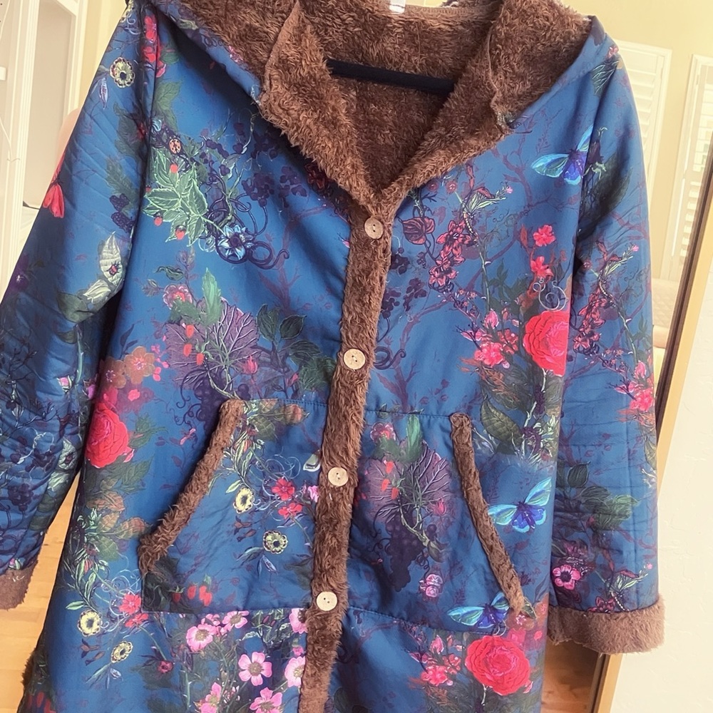 Floral Blue Hooded Coat with Brown Trim